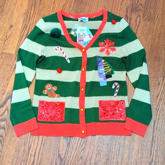 Rockin Around - NWT Ugly Christmas Cardigan Sweater with ELF Stripes - Picture 1 of 5